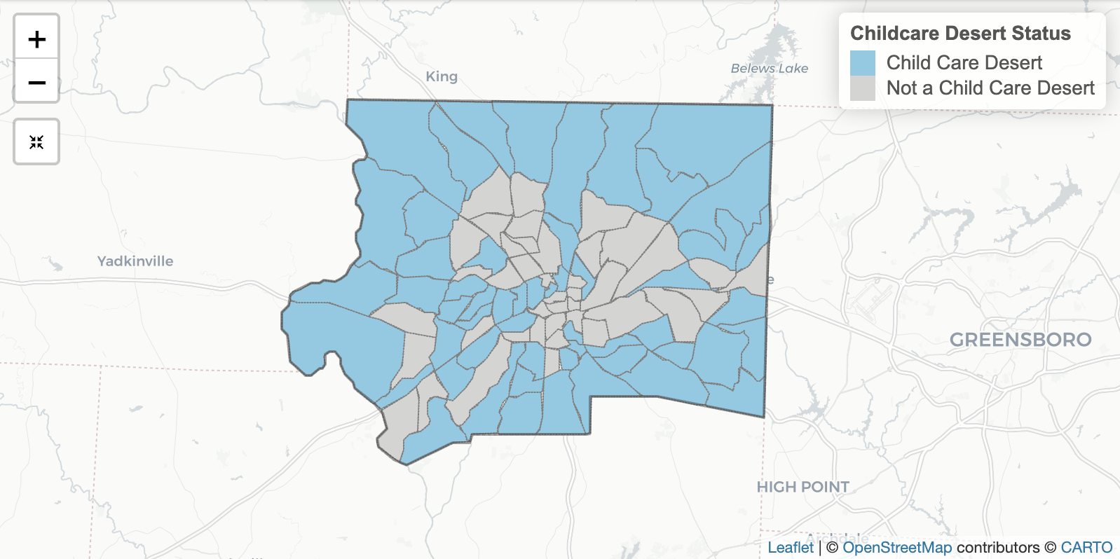 Map of childcare deserts in Forsyth County, North Carolina