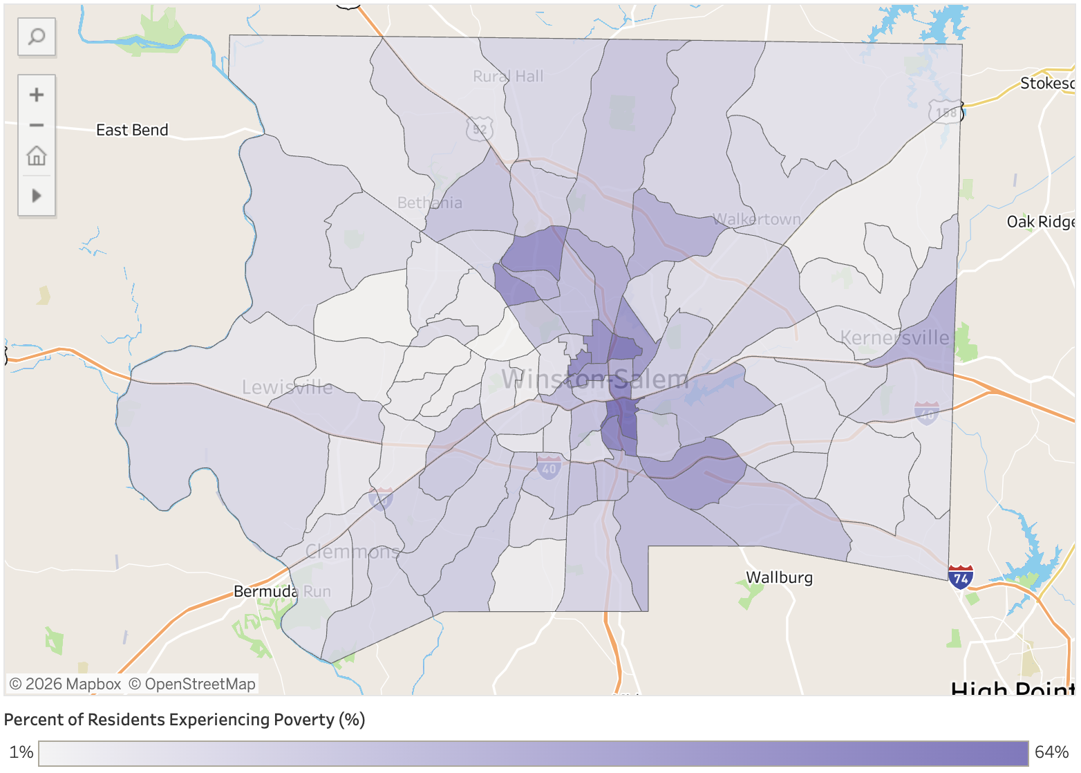 A static image of an interactive map that shows Forsyth County poverty rates by Census tract.